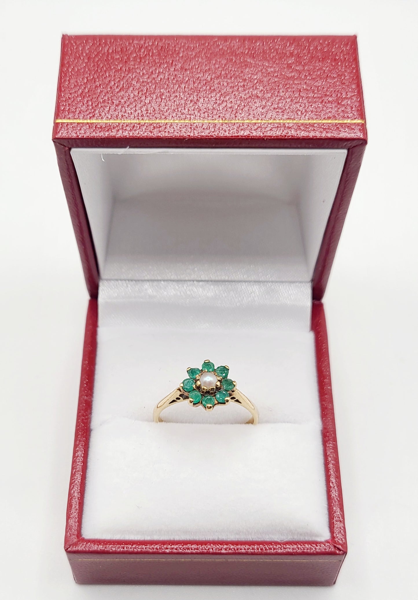 Natural Emerald & Cultured Pearl Cluster 9ct Gold Ring