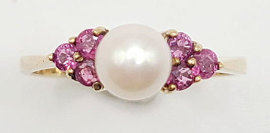 Pearl & Ruby Trio Cluster on 9ct Gold Ring - size N