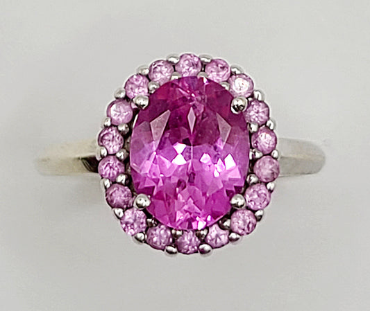 Pink Sapphire Hallmarked Cluster Ring on 9ct White Gold
