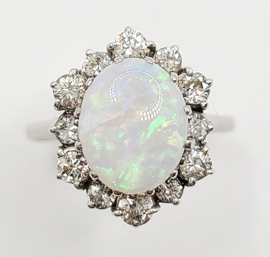 Opal 2ct & 0.5ct Diamond 18ct White Gold Cluster Ring