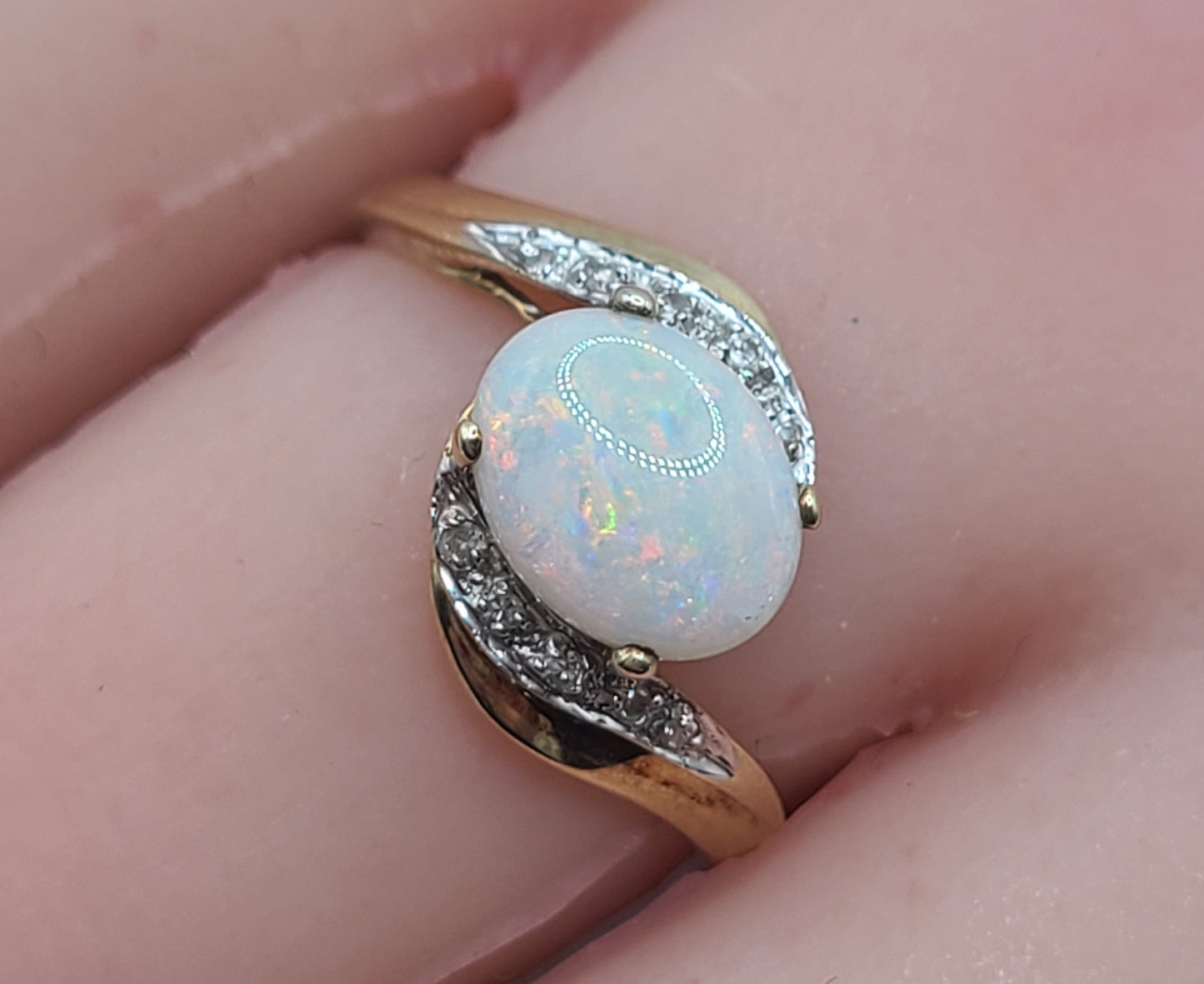 Vintage Oval Cut Opal with Diamond Accents on 9ct Gold Ring Size P1/2