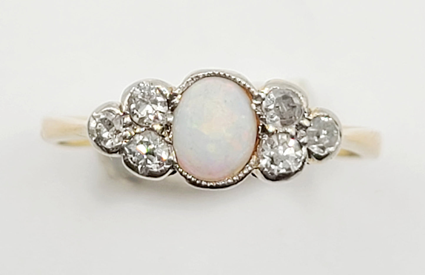 Vintage Opal & Round Cut Bezel Set Diamond Cluster Shoulders 18ct Gold band