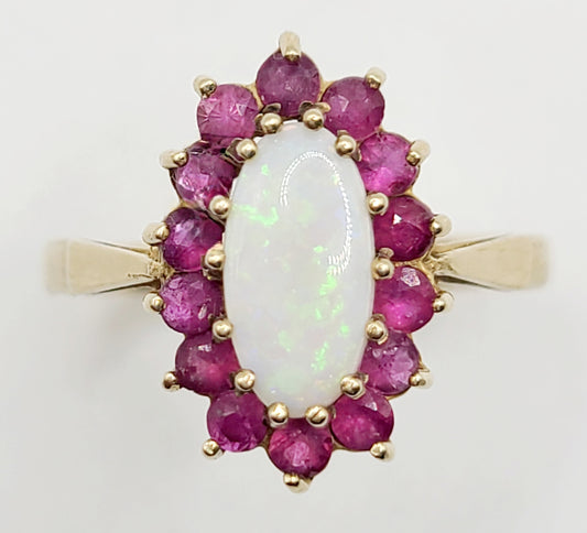 Vintage Fiery Opal with Rubies Halo 375 9ct Gold