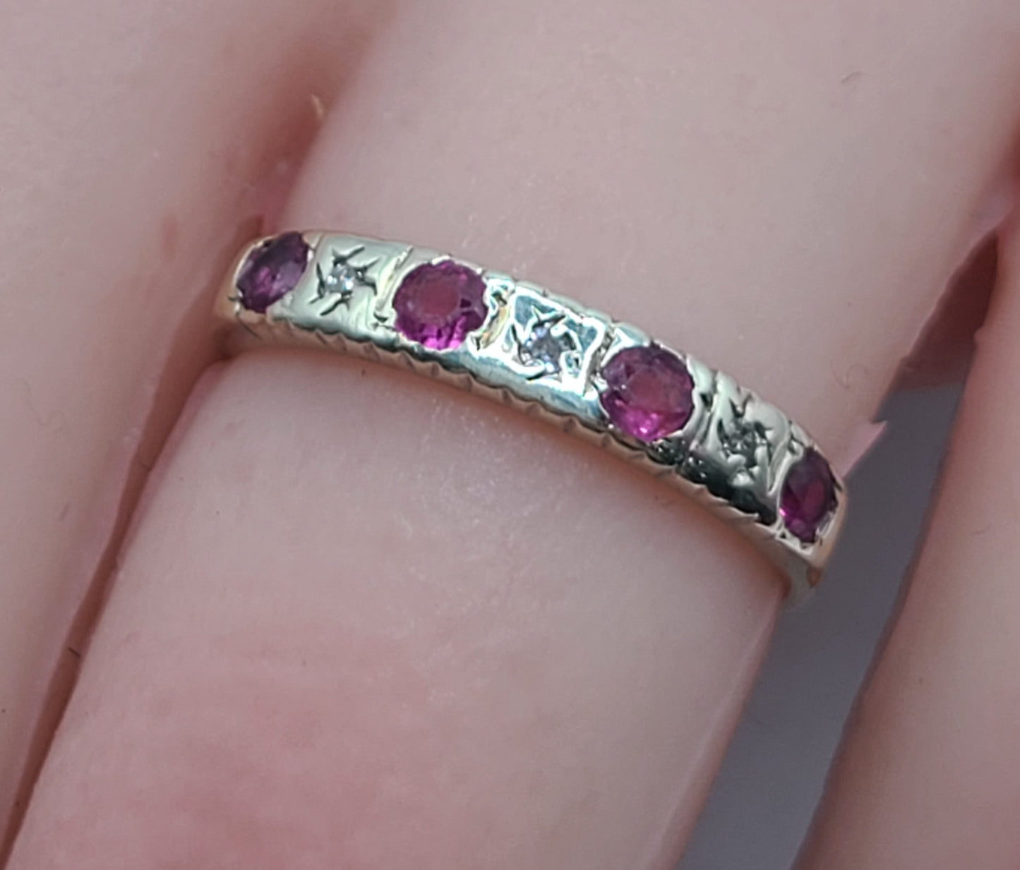 Vintage Round Cut Ruby & Illusion set Diamonds Half Eternity Ring Size M1/2
