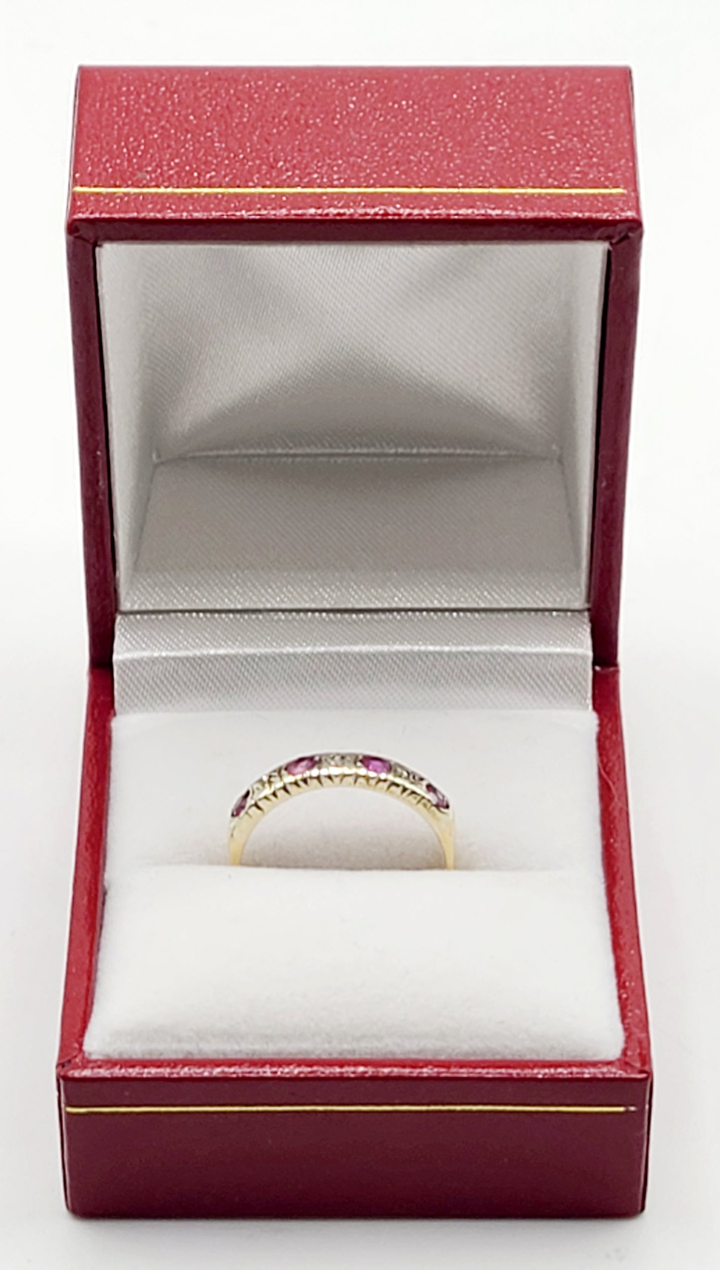 Vintage Round Cut Ruby & Illusion set Diamonds Half Eternity Ring Size M1/2