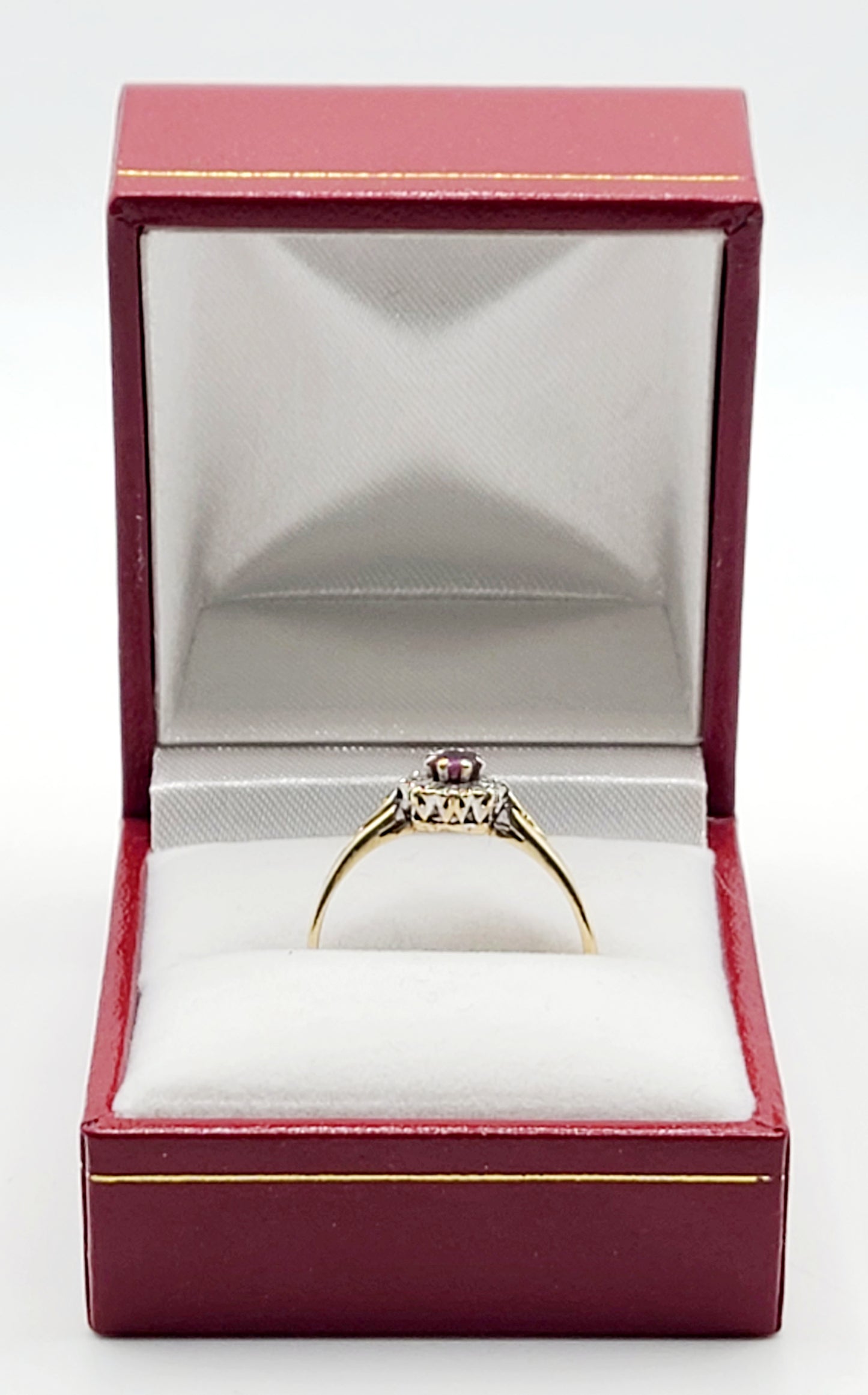 Vintage 1940s Art Deco Ruby with Diamond Halo on 9ct Gold