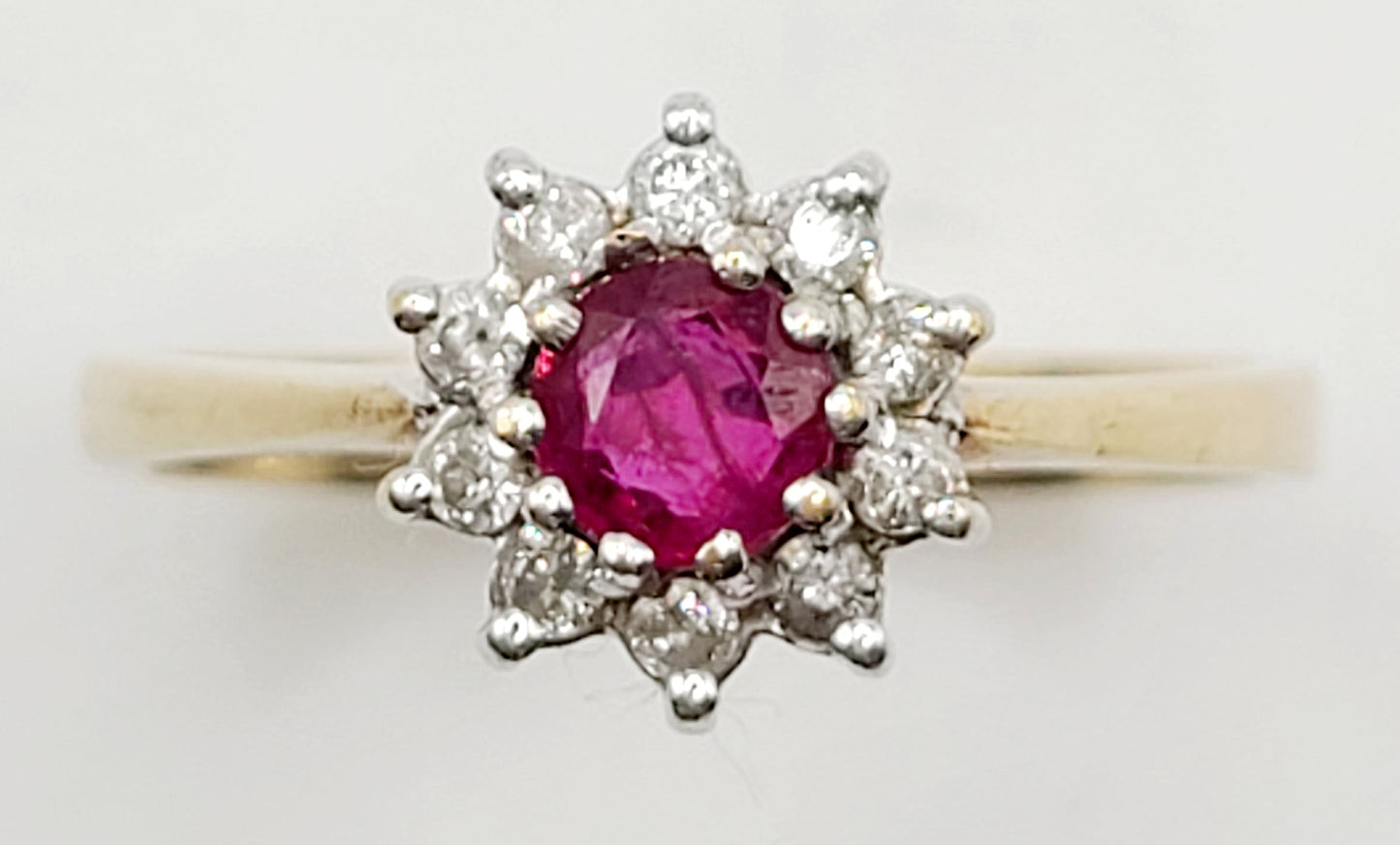 Vintage Ruby Diamond Halo on 9ct Gold Band M