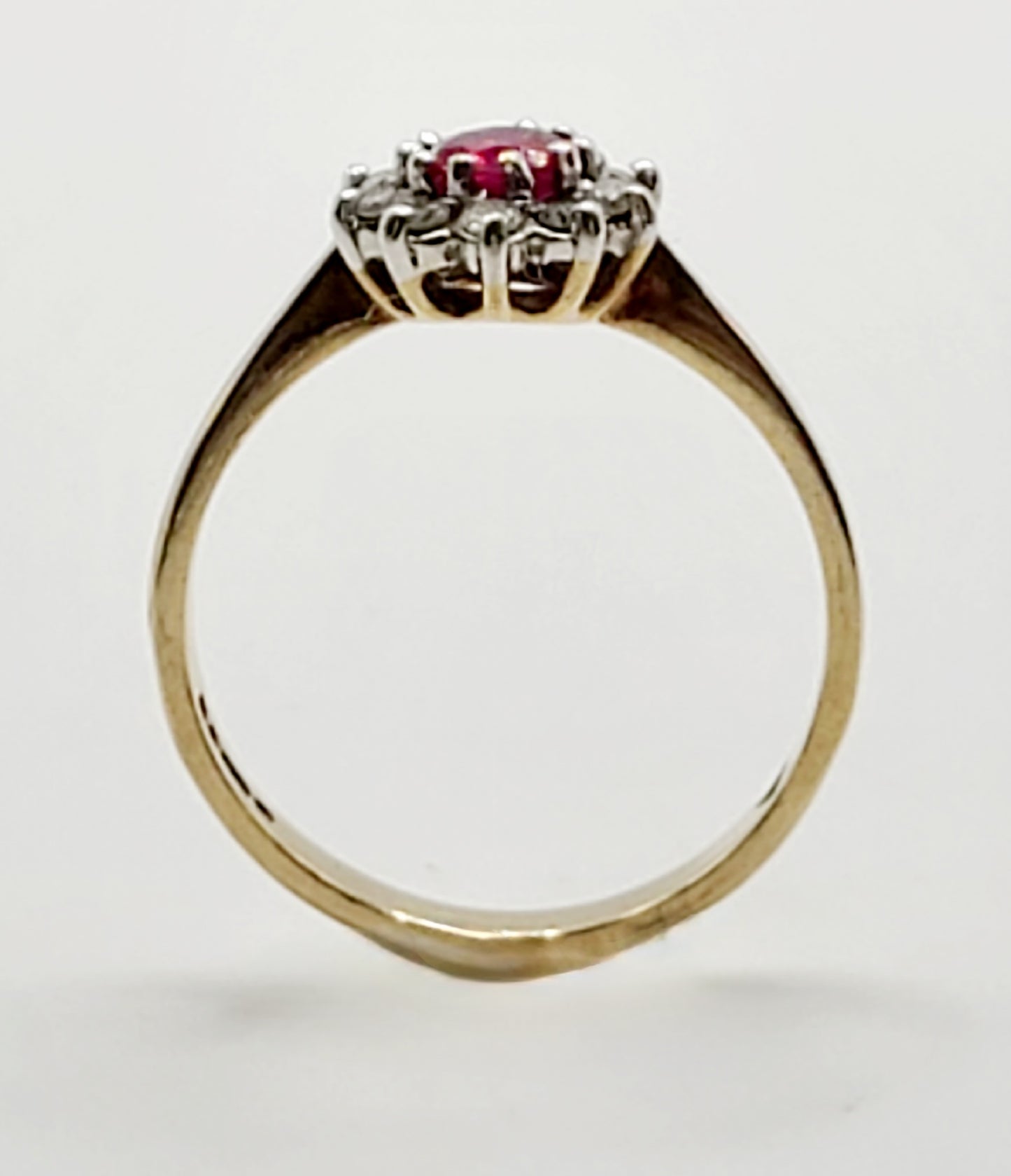 Vintage Ruby Diamond Halo on 9ct Gold Band M