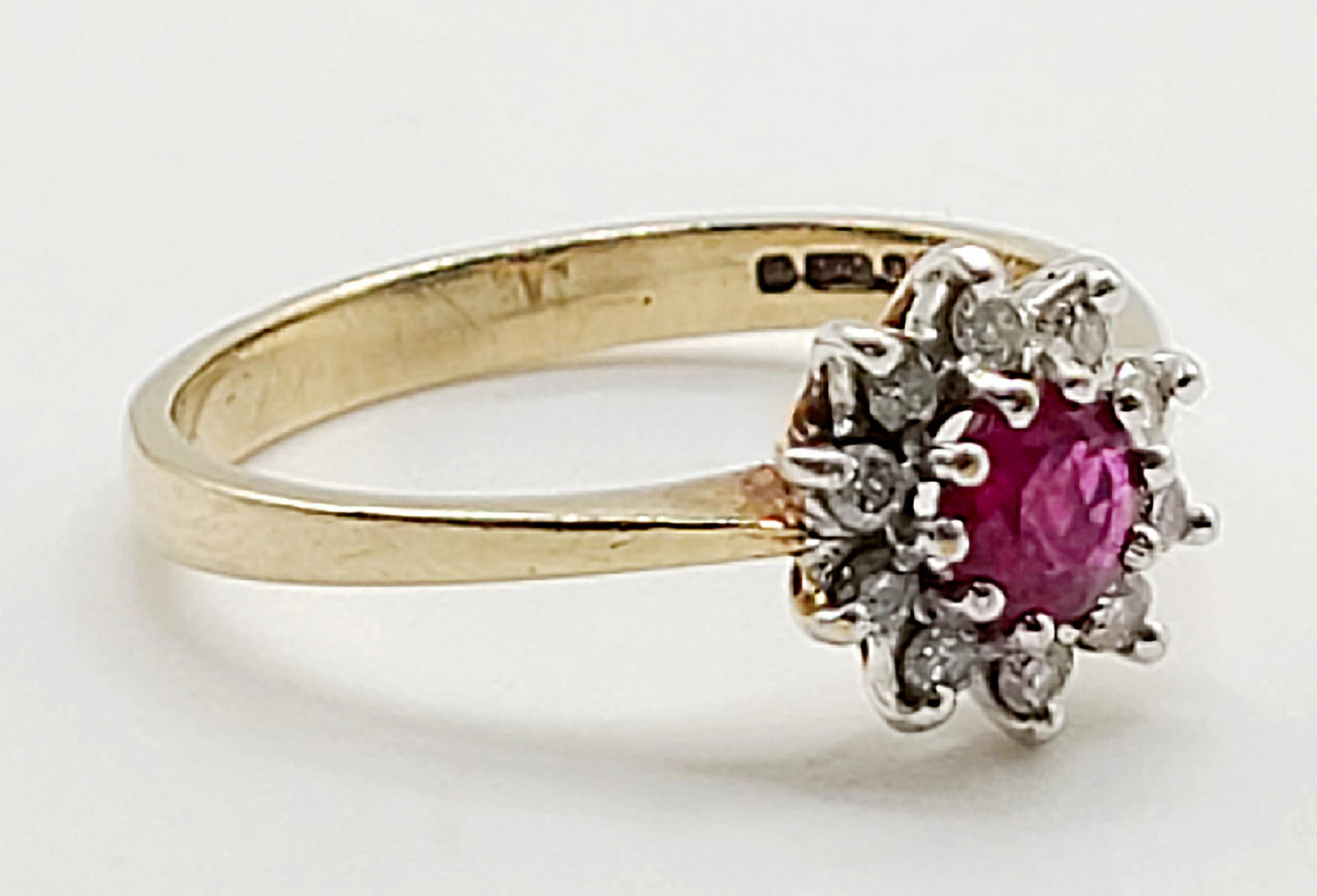 Vintage Ruby Diamond Halo on 9ct Gold Band M