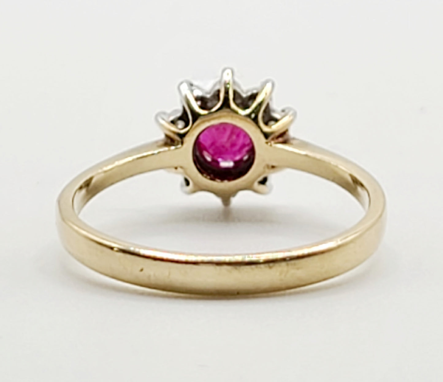 Vintage Ruby Diamond Halo on 9ct Gold Band M