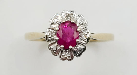 Vintage 1ct Ruby & Diamond Halo 9ct Gold Ring Size M