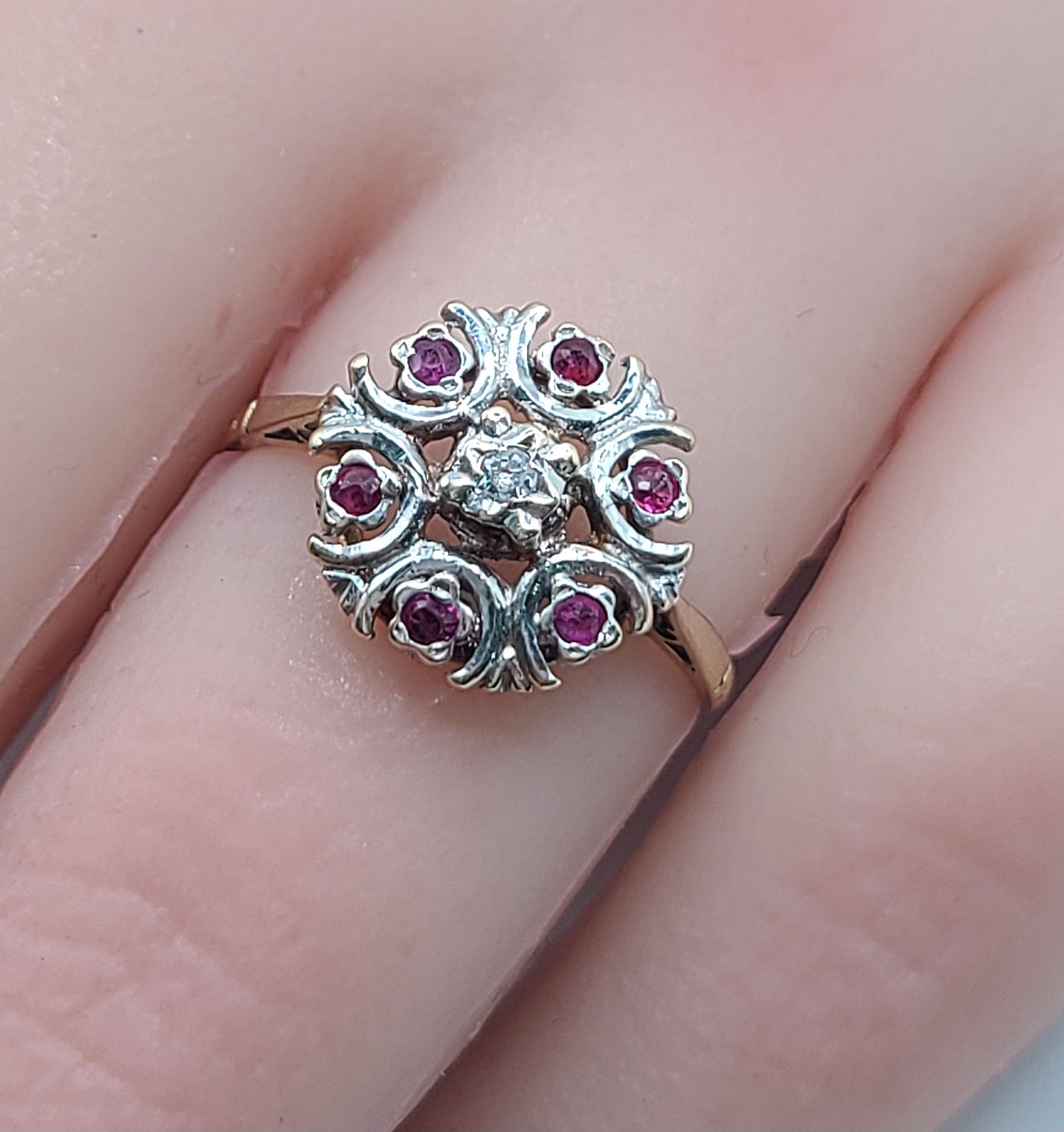 Vintage Art Deco Style Ruby & Diamond Cluster Ring 9ct Gold Band