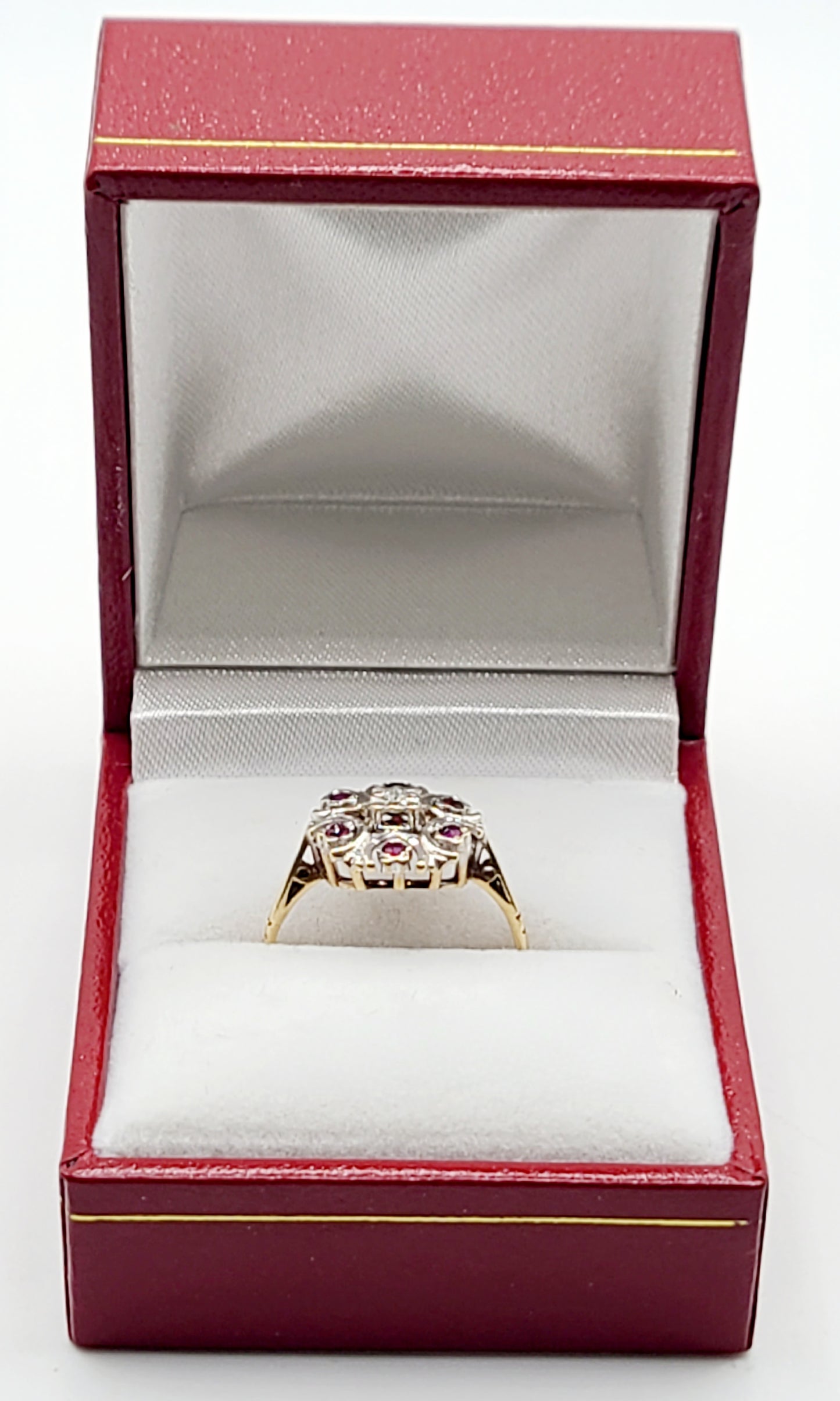 Vintage Art Deco Style Ruby & Diamond Cluster Ring 9ct Gold Band