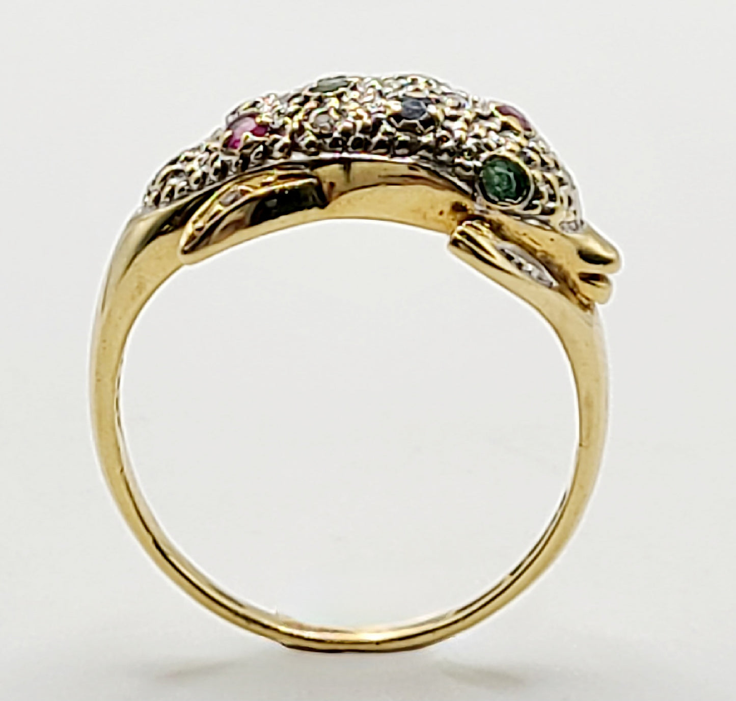 Asprey Diamond, Emerald, Sapphire & Ruby Dolphin 9ct Gold Ring- Size M½
