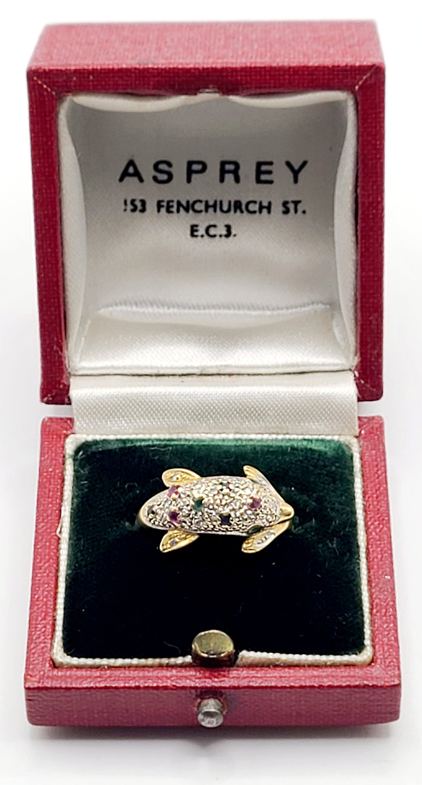 Asprey Diamond, Emerald, Sapphire & Ruby Dolphin 9ct Gold Ring- Size M½