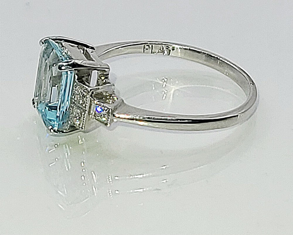 Platinum Emerald Cut Aquamarine (approx 2ct) Diamond Ring (O)