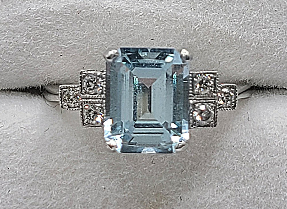 Platinum Emerald Cut Aquamarine (approx 2ct) Diamond Ring (O)