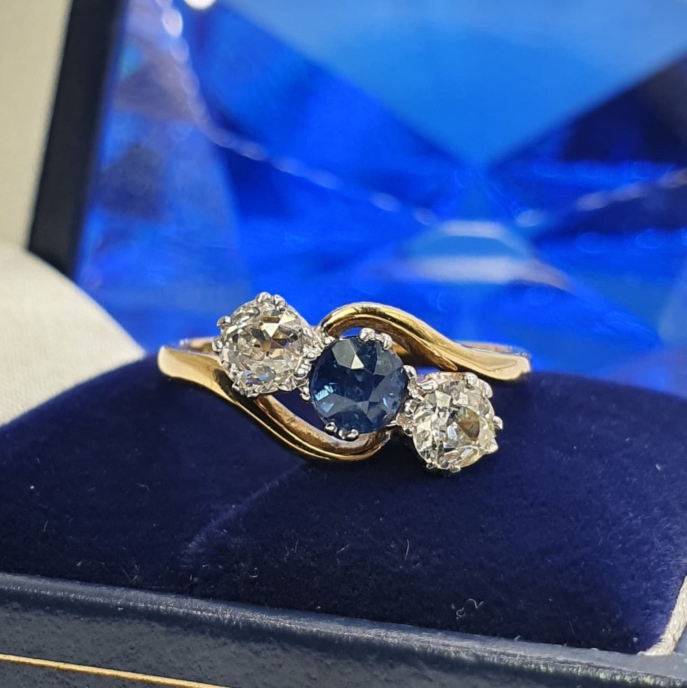 Art Deco Sapphire & Diamond Trilogy 18ct Gold & Platinum Twist