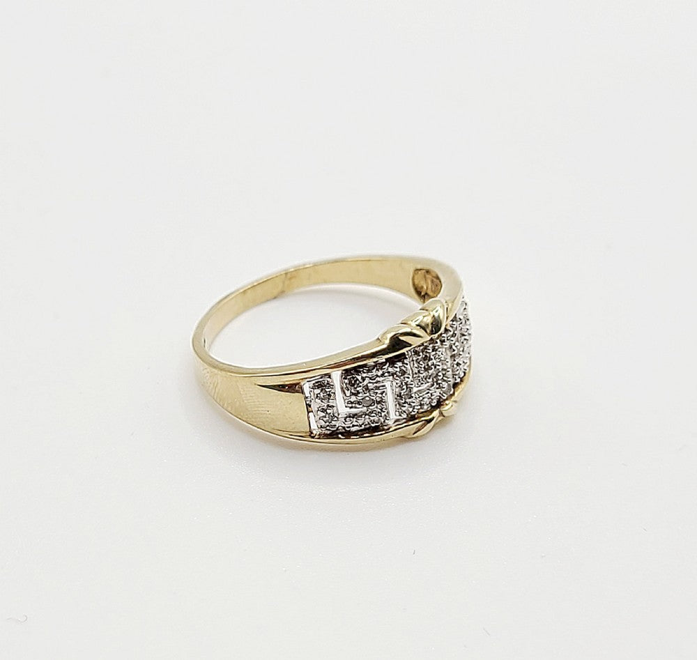 Greek Key Pattern Diamond White & Yellow 9ct Gold Ring (V)