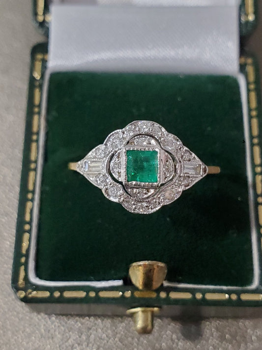 Antique Art Deco Princess Cut Emerald & Diamond 18ct Gold Ring