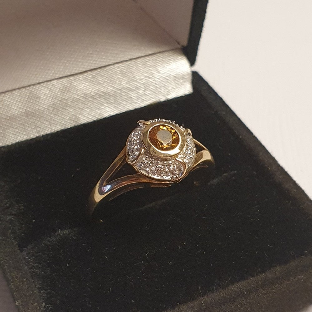 Citrine & Diamond Halo Art Deco "Target" Style Ring on 10ct White & Yellow Gold