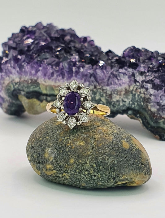 Oval Cut Amethyst 0.7ct & Diamond Halo 9ct Gold ring