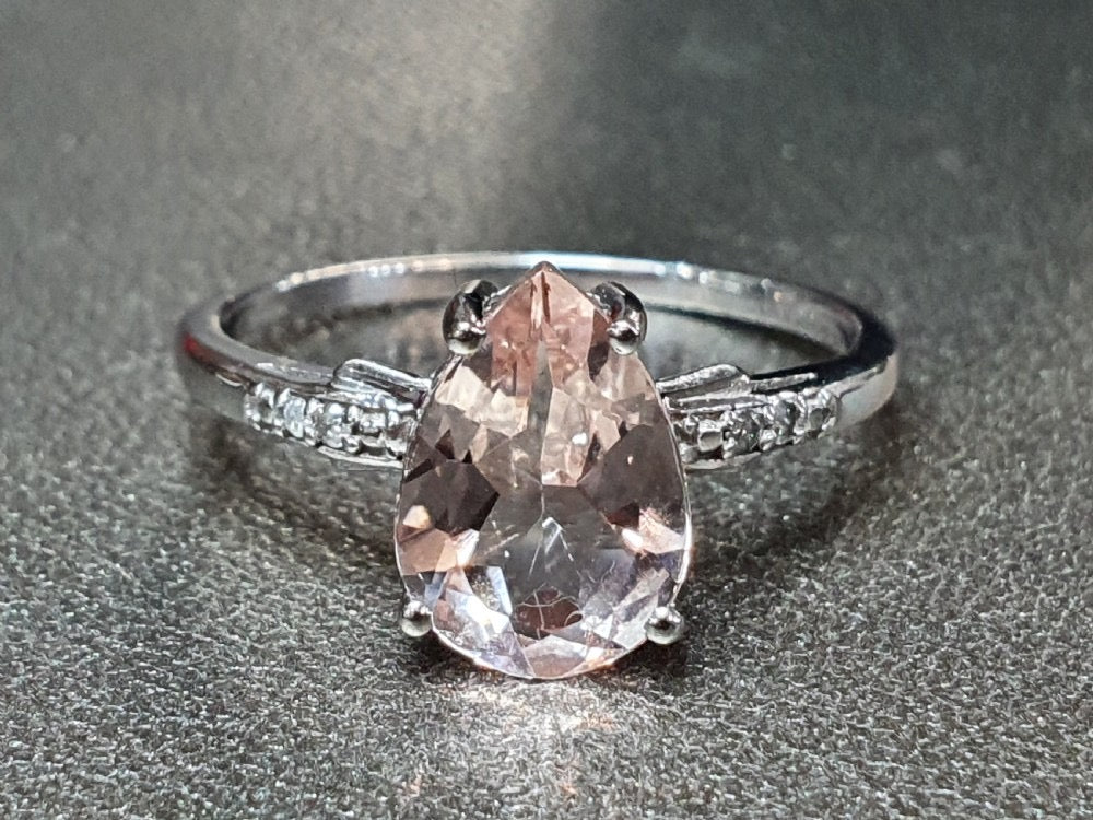 Pear Cut Morganite 1.5-2ct Pave Diamond Shoulders on 9ct White Gold Band