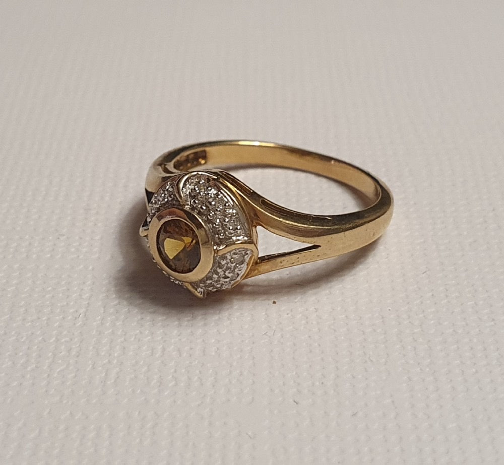 Citrine & Diamond Halo Art Deco "Target" Style Ring on 10ct White & Yellow Gold