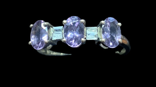 Amethyst Trilogy & Diamond 9ct Gold Ring - Size S