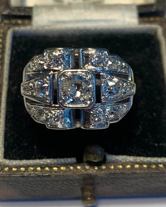 Fabulous French Art Deco Diamond and Platinum Cluster Ring - Size L