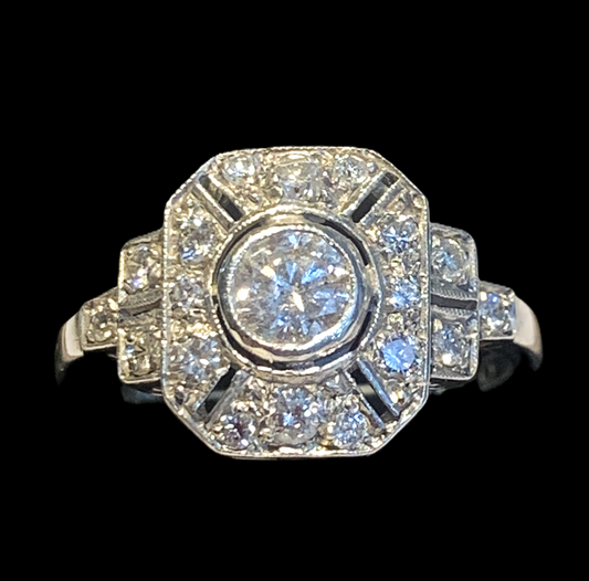 French Art Deco 18ct Gold Diamond Ring - Size L