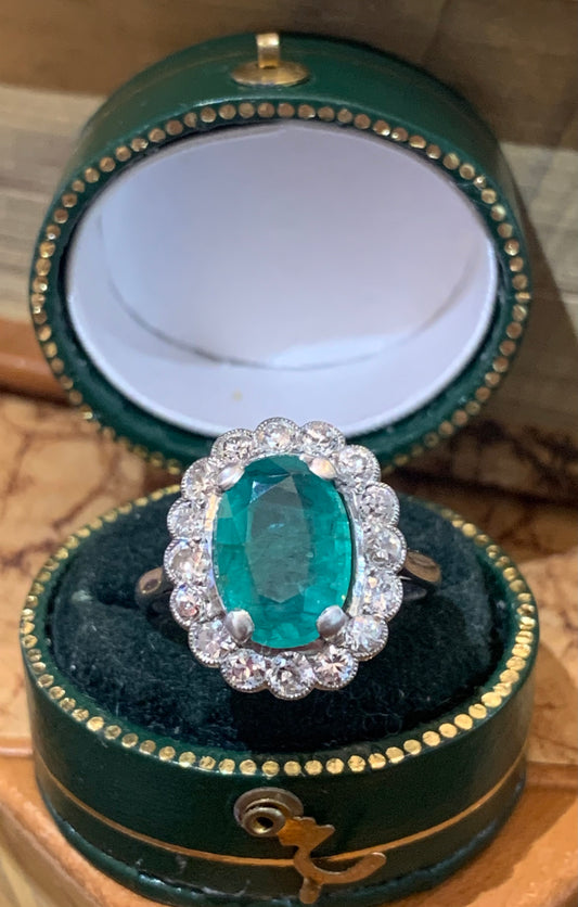 Art Deco 2.1ct Emerald and Diamond Platinum Cluster Ring - Size - M