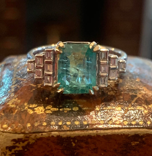 Art Deco 2ct Natural Emerald & Baguette Cut Diamond 18ct Gold Ring - Size N