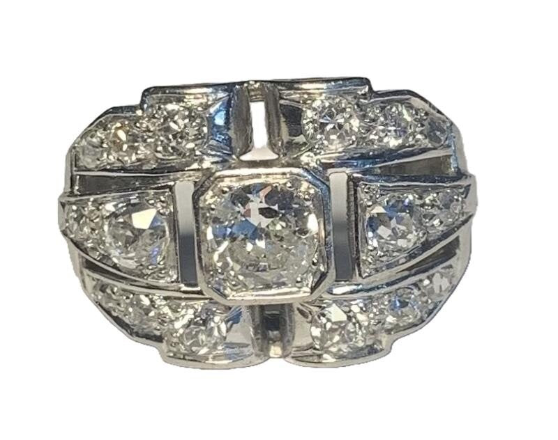 Fabulous French Art Deco Diamond and Platinum Cluster Ring - Size L