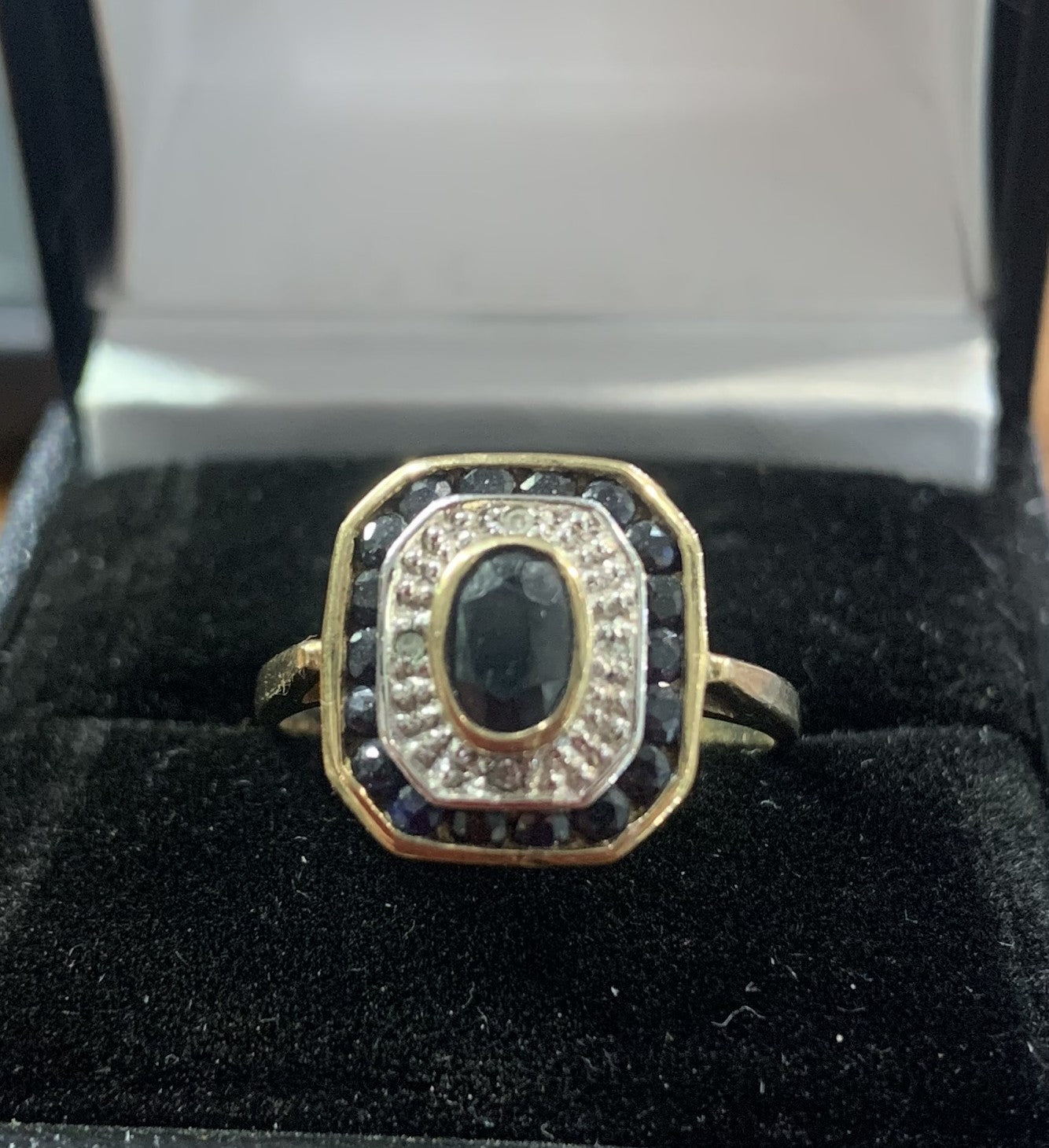 Art Deco style Sapphire and Diamond 9ct Gold Ring - Size N
