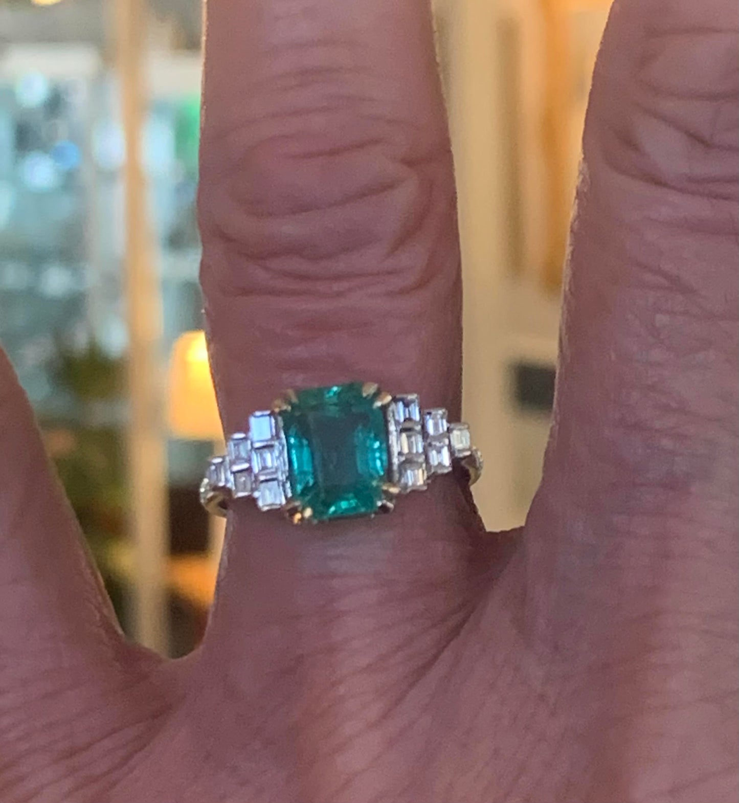 Art Deco 2ct Natural Emerald & Baguette Cut Diamond 18ct Gold Ring - Size N