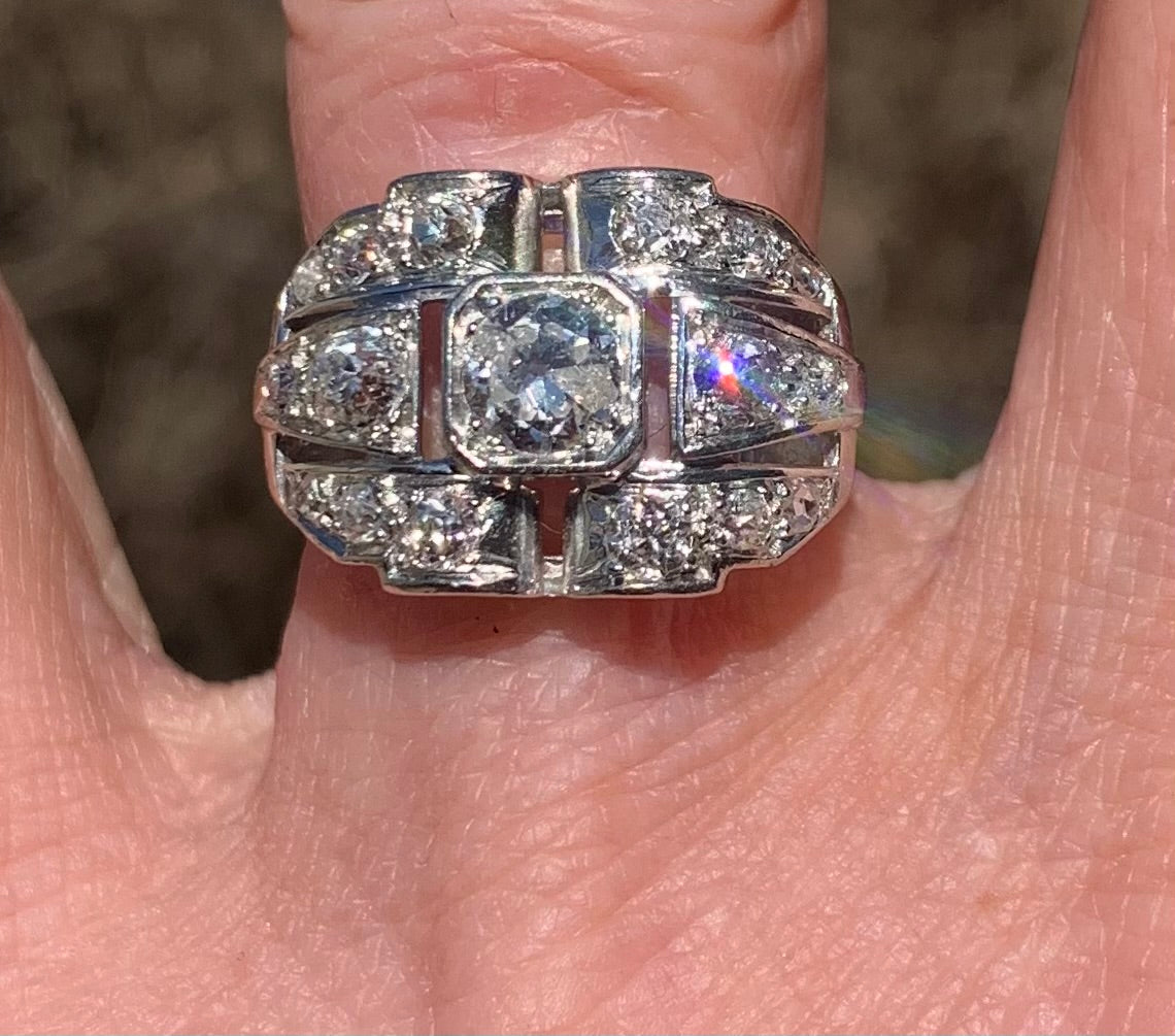 Fabulous French Art Deco Diamond and Platinum Cluster Ring - Size L