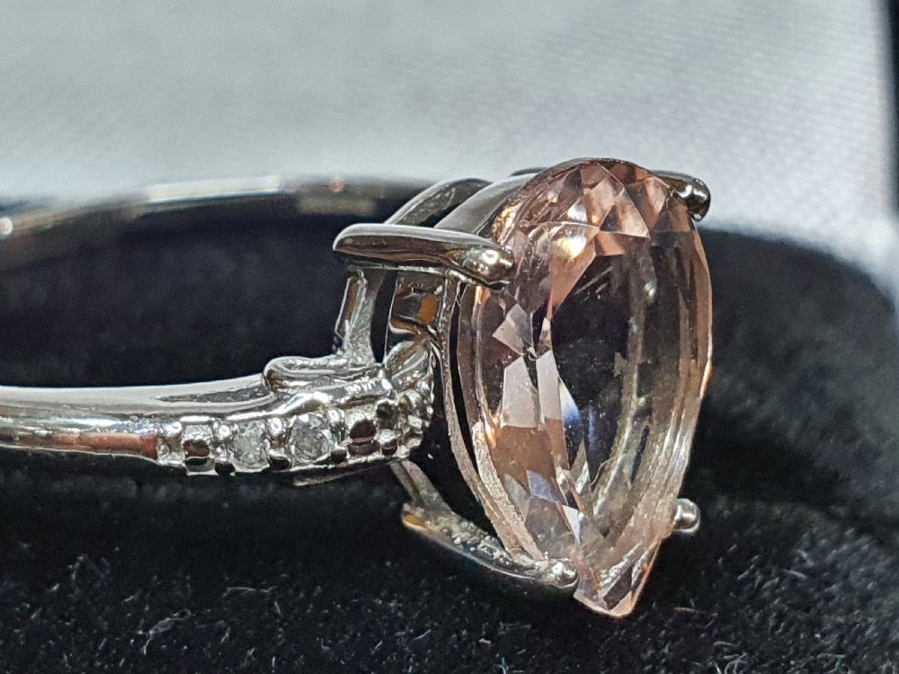 Pear Cut Morganite 1.5-2ct Pave Diamond Shoulders on 9ct White Gold Band