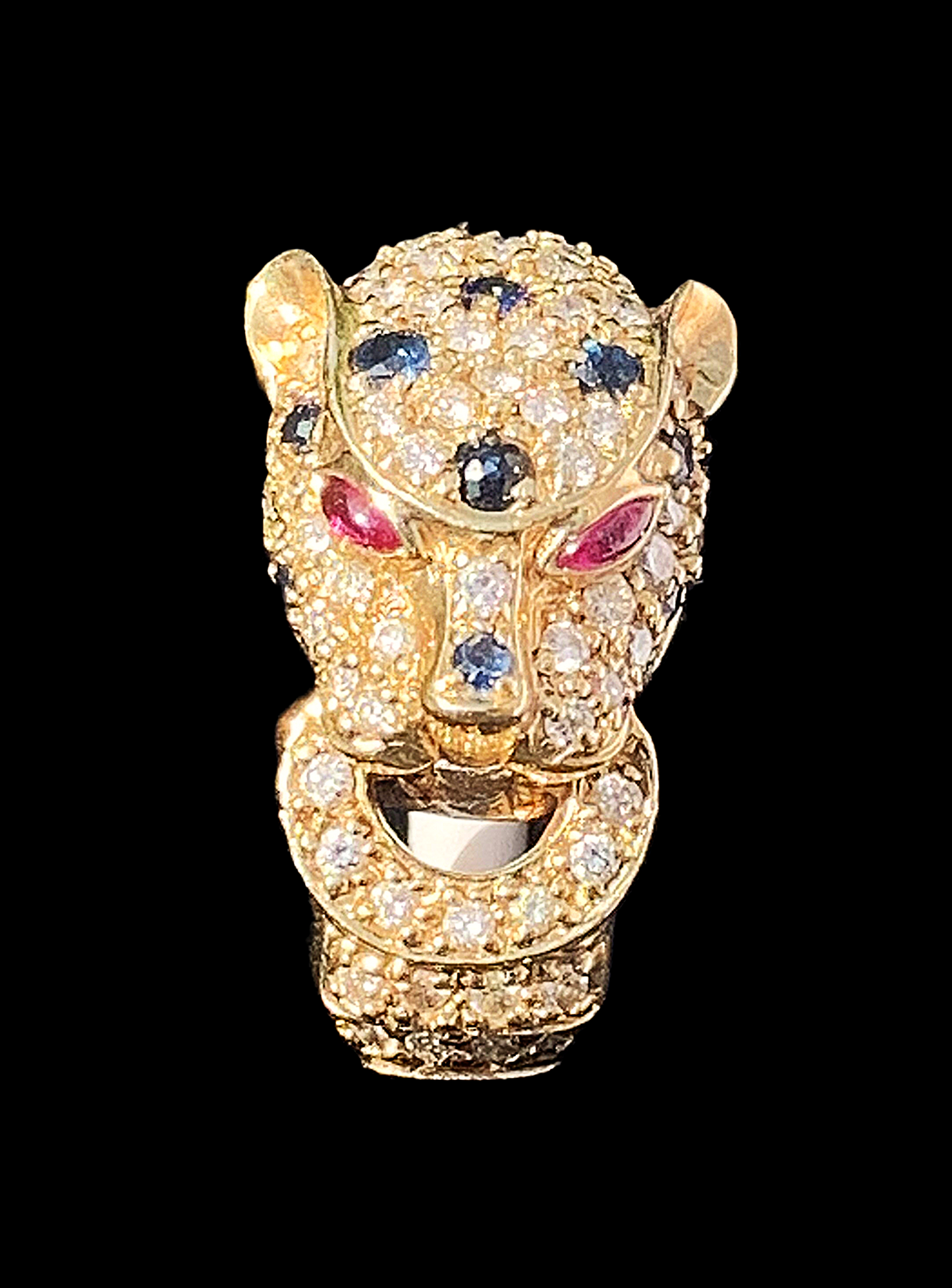 Cartier Style Panther Diamond, Sapphire & Ruby 14ct Gold Ring - Size N