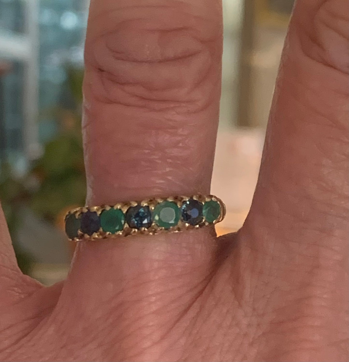 Natural Emerald and Sapphire Victorian style Seven Stone 9ct Gold Ring - Size O