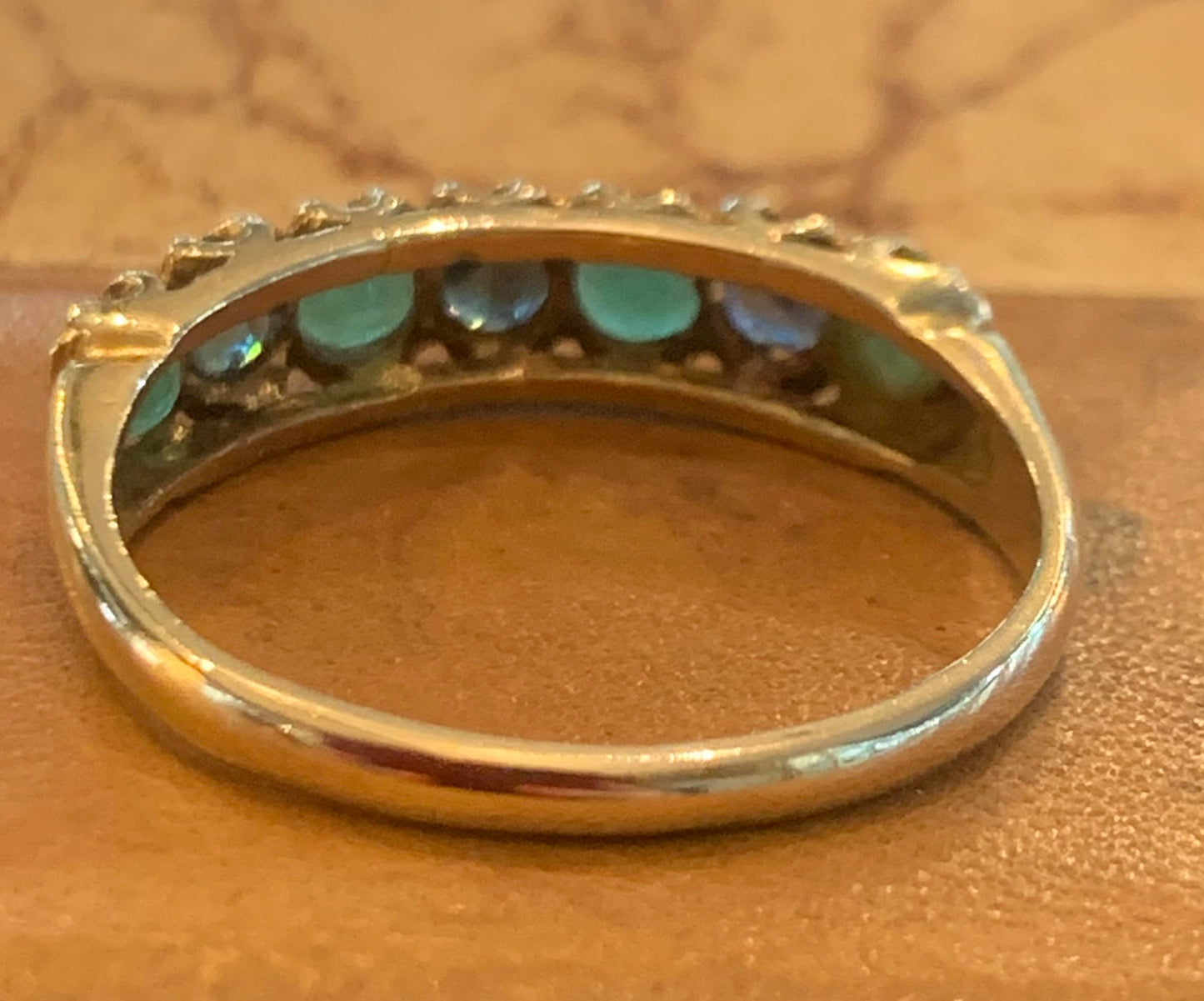 Natural Emerald and Sapphire Victorian style Seven Stone 9ct Gold Ring - Size O