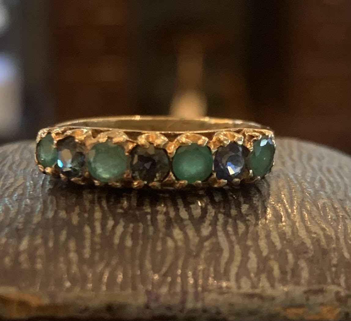 Natural Emerald and Sapphire Victorian style Seven Stone 9ct Gold Ring - Size O