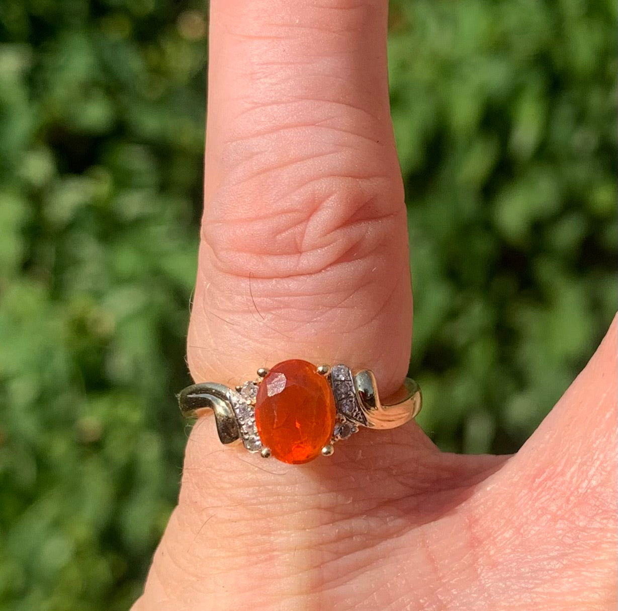 Vibrant Fire Opal & Diamond Trilogy 14ct Gold Ring - Size I1/2