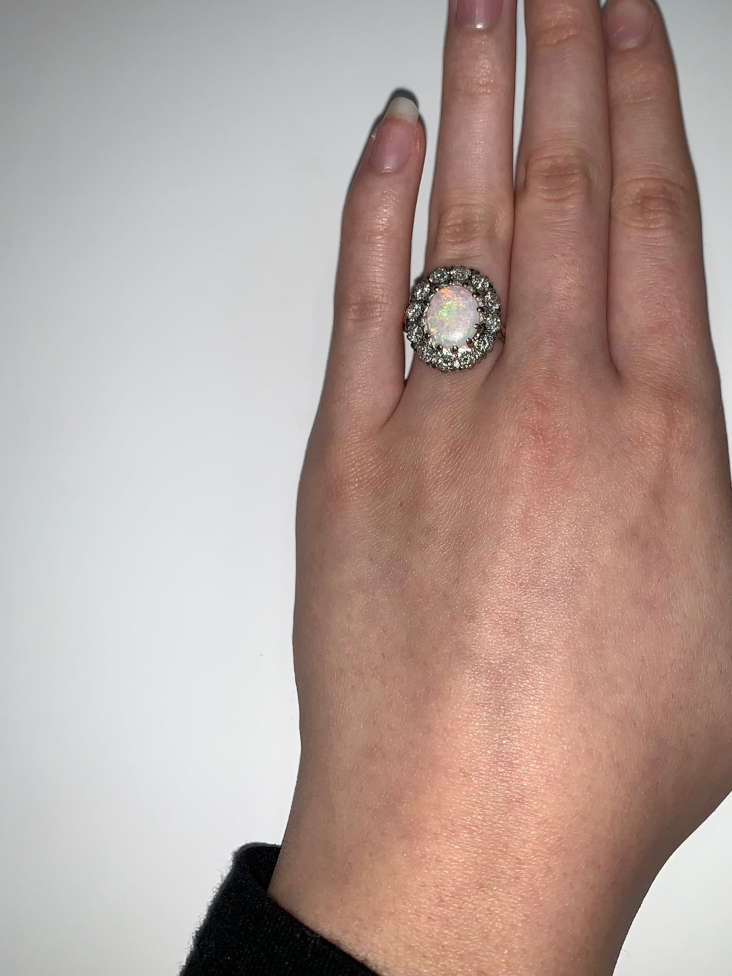 Opal & diamond halo cluster 18ct gold ring