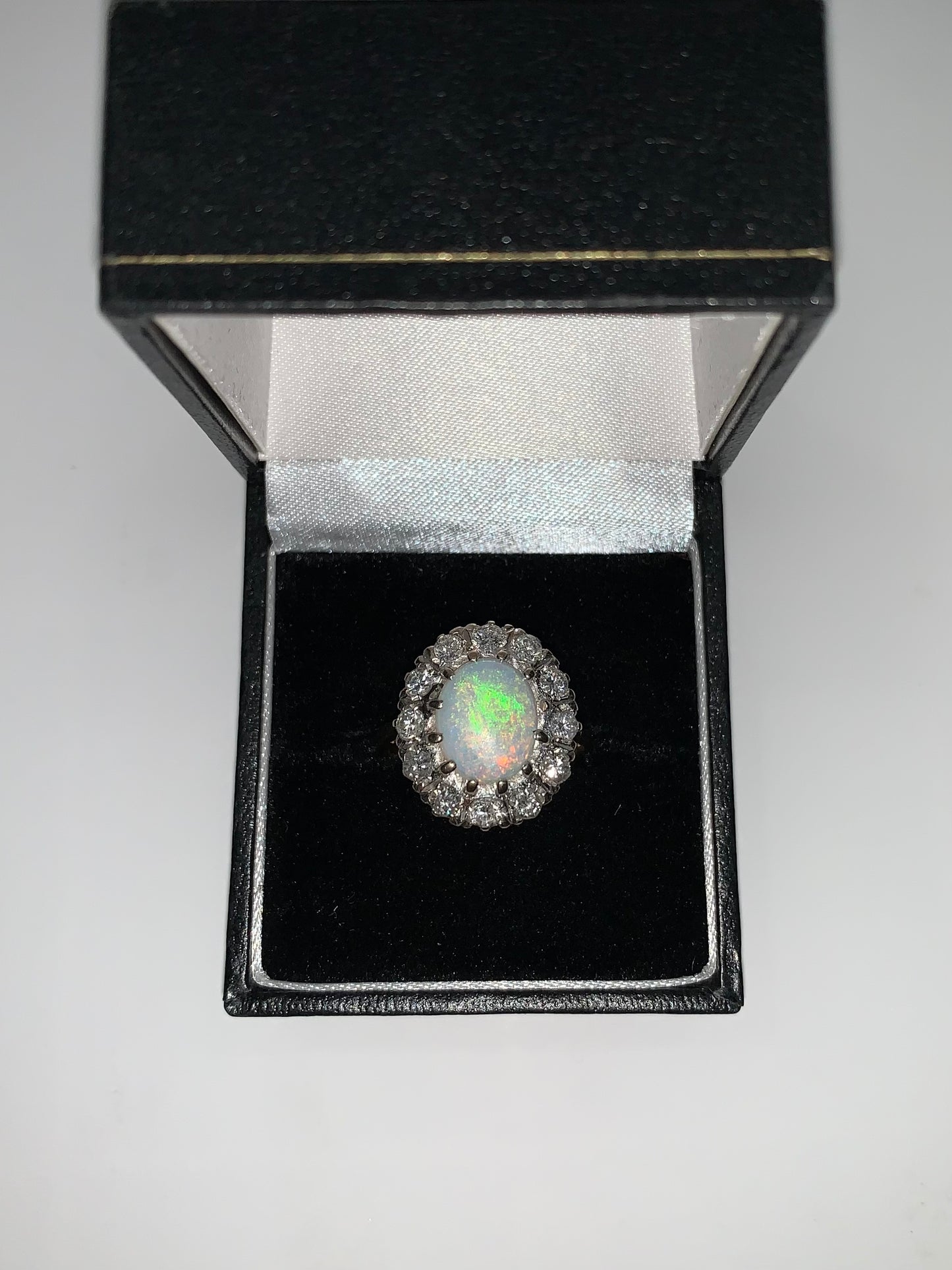 Opal & diamond halo cluster 18ct gold ring