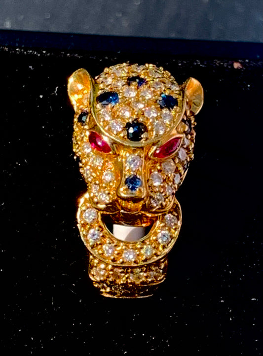 Cartier Style Panther Diamond, Sapphire & Ruby 14ct Gold Ring - Size N