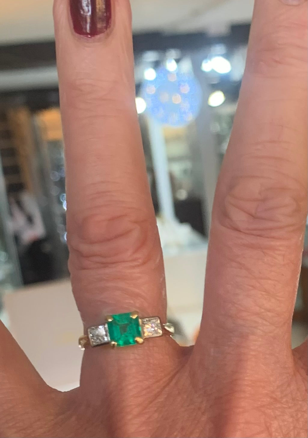 Contemporary Emerald and Diamond Trilogy Ring 18ct Gold - Size M