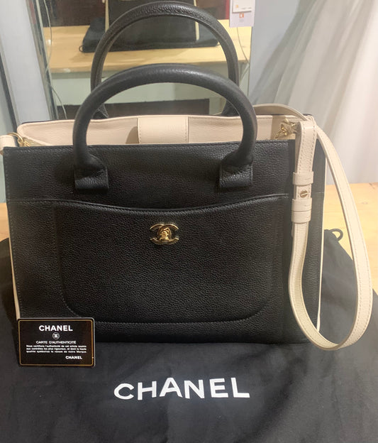 Chanel Black/Cream Grained Calfskin Executive Shopper Tote Bag