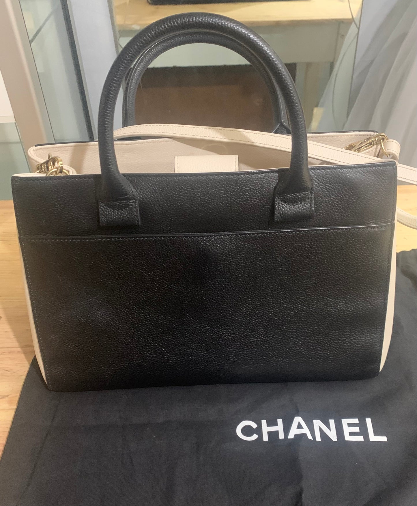 Chanel Black/Cream Grained Calfskin Executive Shopper Tote Bag
