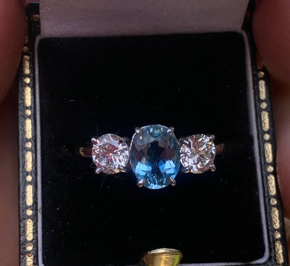 Stunning Aquamarine & Diamond Trilogy Ring - Size Q1/2